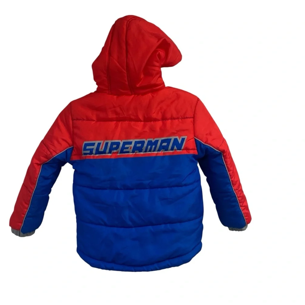 DC Comics Superman Kids Puffer Hooded Jacket - Red and Blue Size 5/6 - Picture 2 of 14